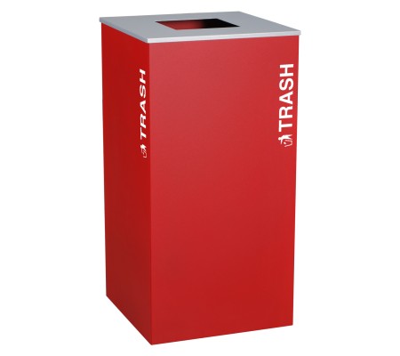 36 GALLON RED STEEL TRASH CAN, LABELED "TRASH"